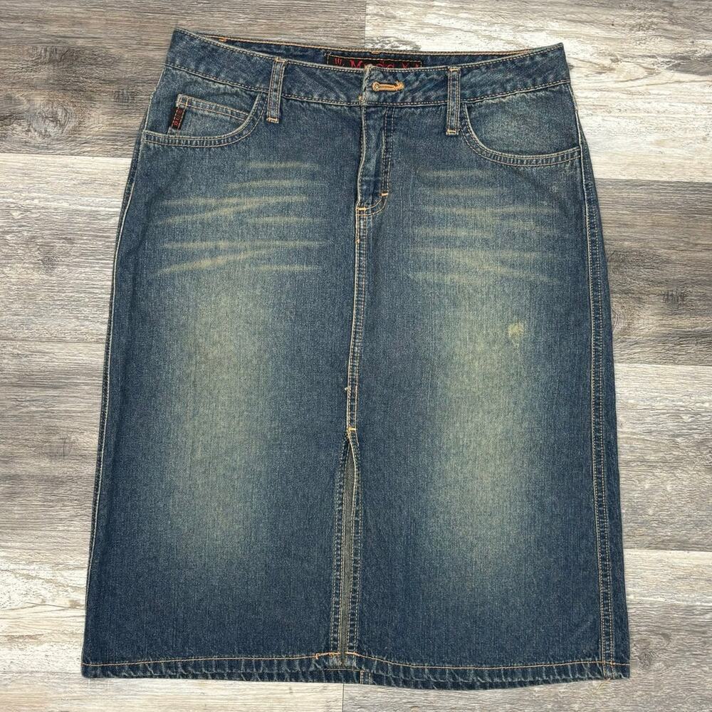 Vintage Y2K Mudd Mid Wash Blue Womens 7 Midi Pencil Front Slit Faded Denim Skirt
